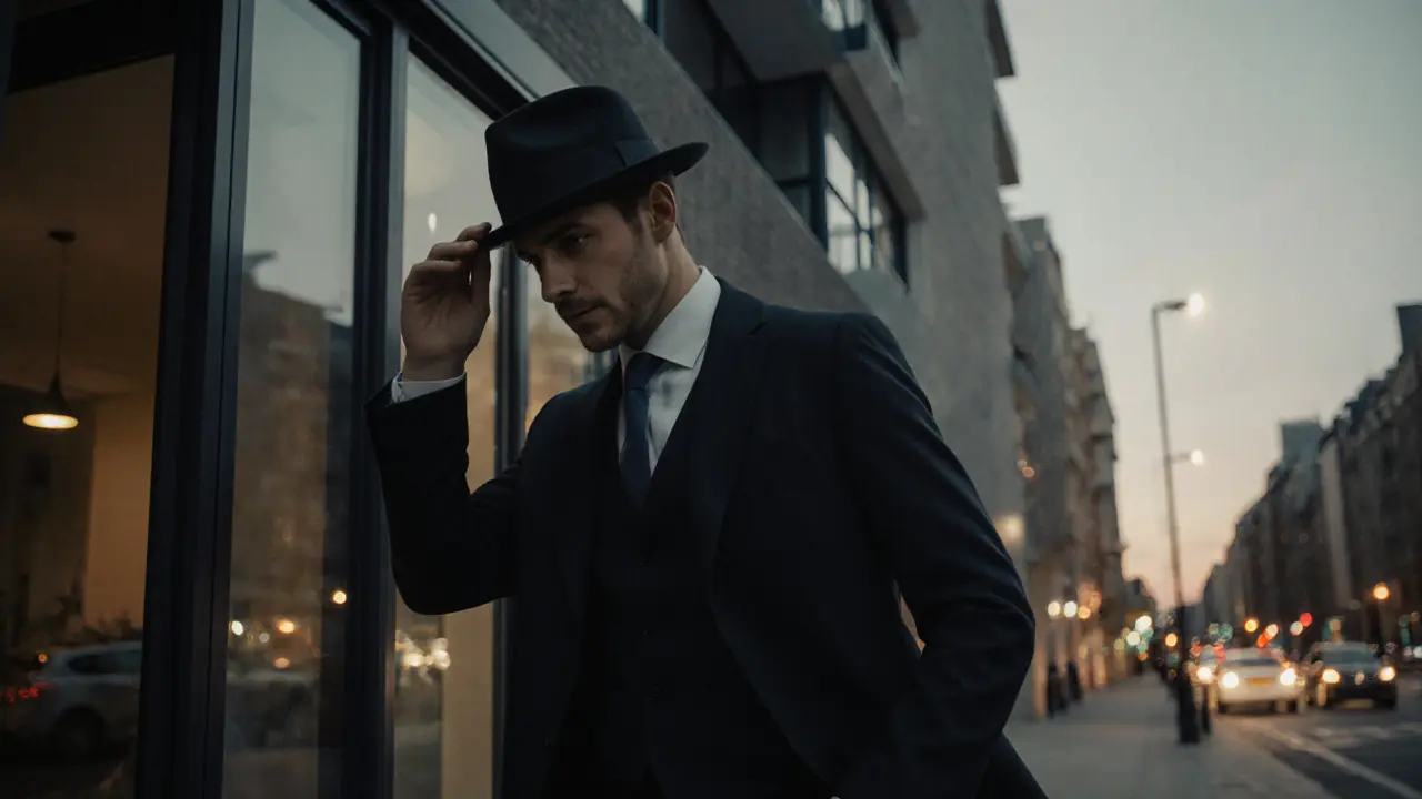 Ein Mann verabschiedet sich von einem Apartmentgebäude, geht mit Würde und ohne Zurückblicken.