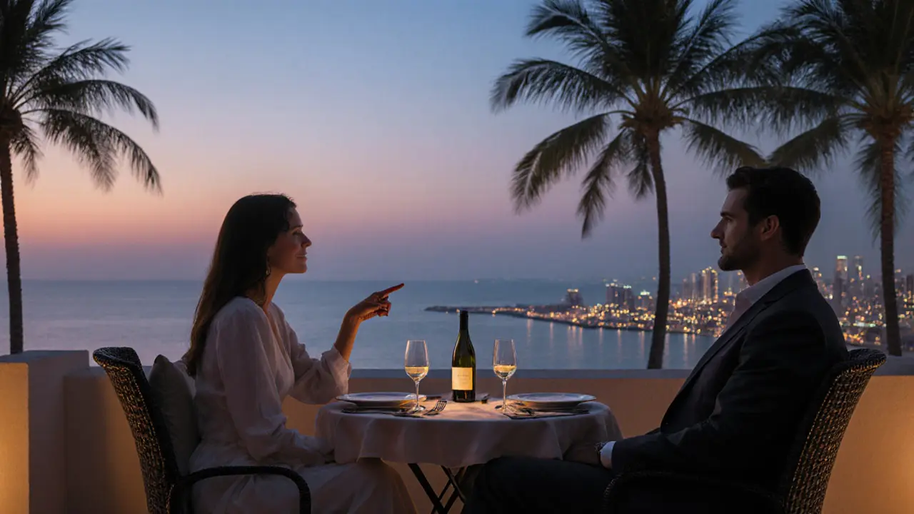 Ein Paar auf einer privaten Terrasse am Meer, bei Sonnenuntergang in stiller, eleganter Gesellschaft.