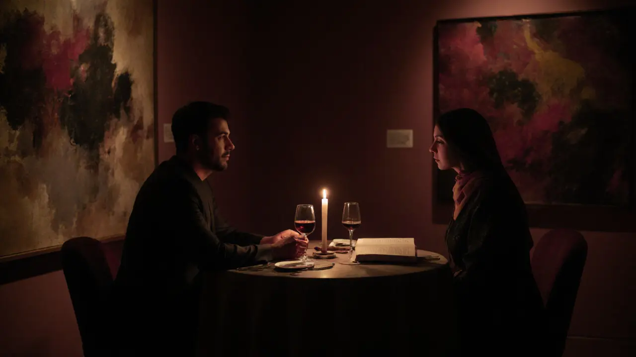 Ein Paar genießt ein diskretes Abendessen in einer exklusiven Galerie mit zeitgenössischer Kunst.