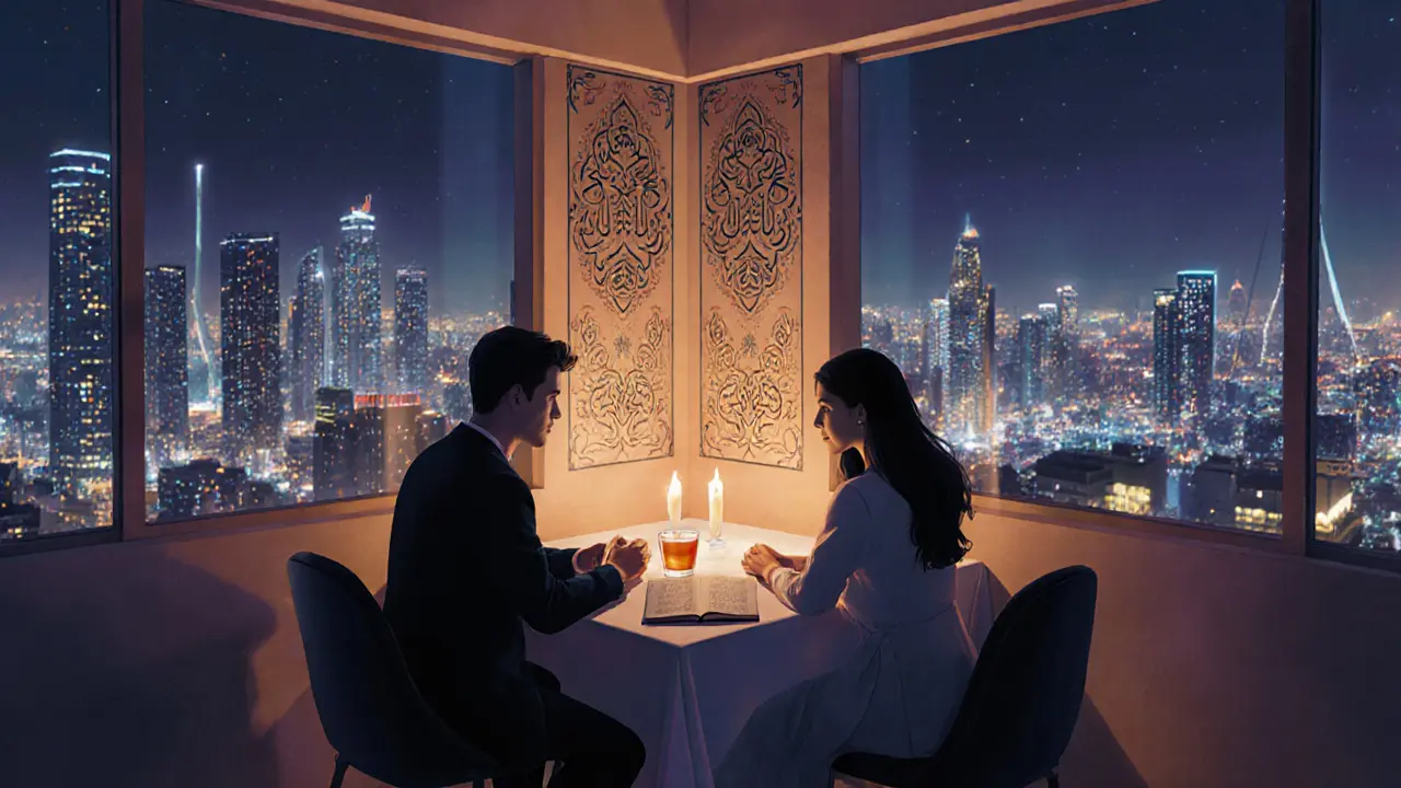 Ein Paar sitzt in einer versteckten Rooftop-Bar in Dubai, sanftes Licht und arabische Kalligraphie umgeben sie.