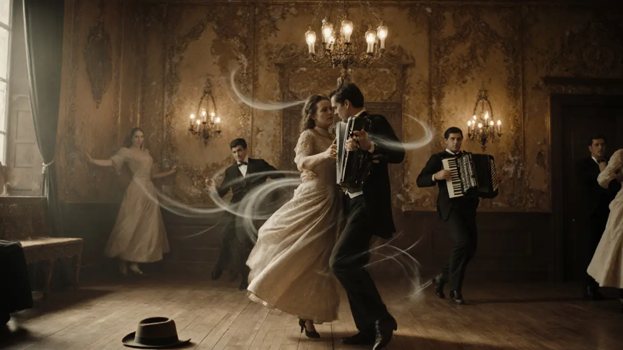 Ein Paar tanzt in einem alten Pariser Tanzsaal, umgeben von Vintage-Gästen, unter warmem Kerzenlicht und mit Akkordeon-Musik in der Luft.
