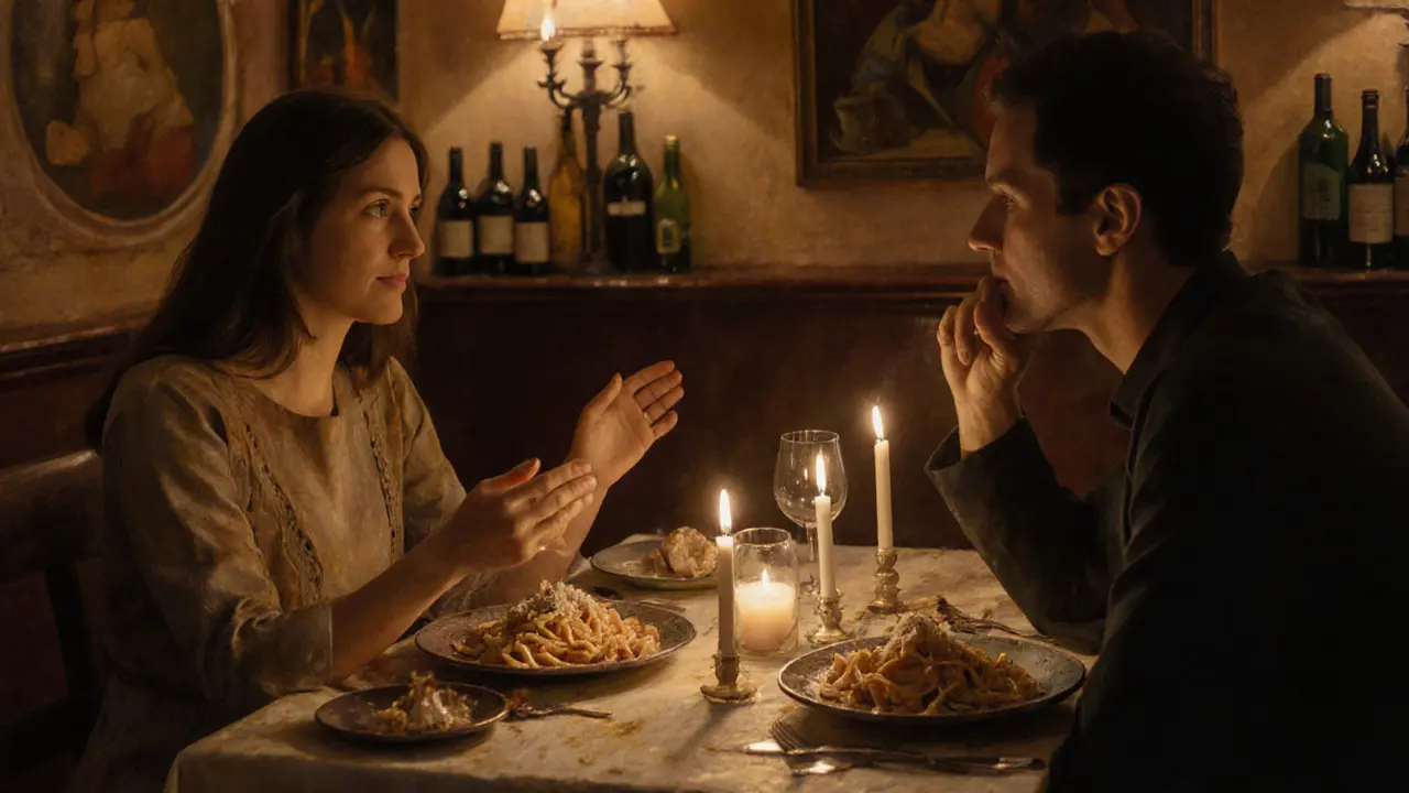 Ein Paar teilt ein Abendessen in einer versteckten Trattoria, fokussiert auf Gespräch und emotionale Präsenz, kein körperlicher Kontakt.