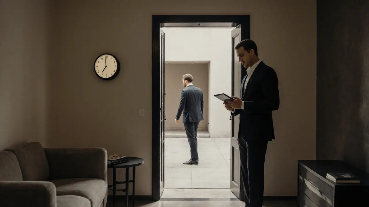 Ein professioneller Escort in einem eleganten, diskreten Wohnraum, bereit für einen vereinbarten Termin.