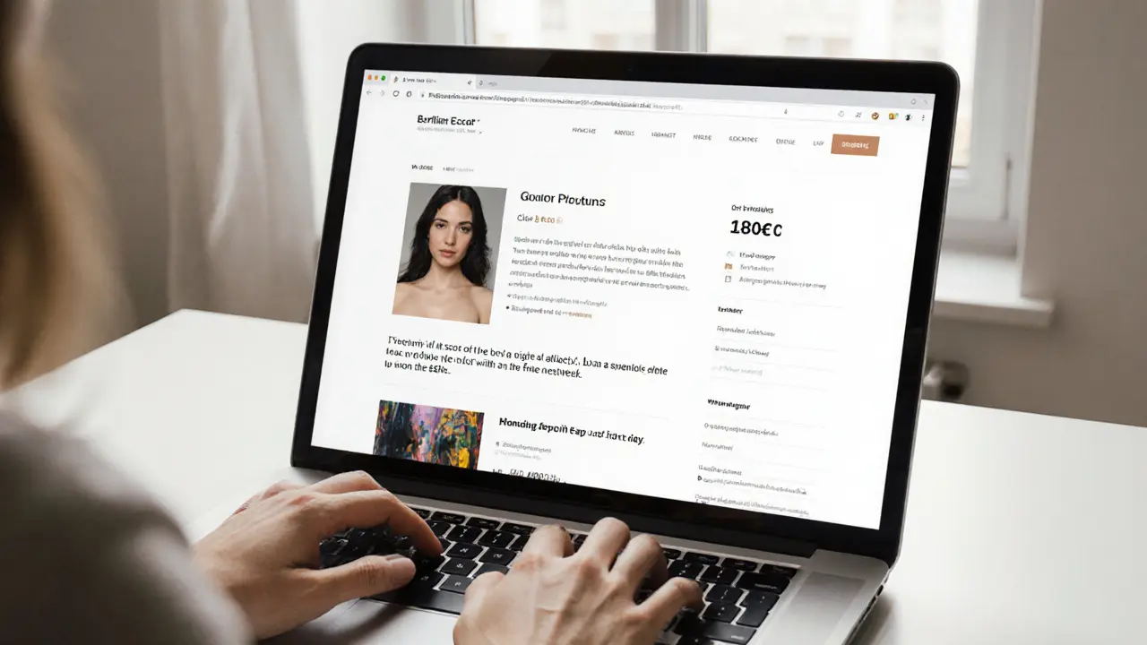 Ein professionelles Escort-Profil auf einem Laptop mit klaren Preisen und einer persönlichen Nachricht.