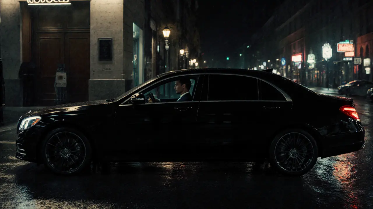 Ein schwarzer Limousine vor einem unauffälligen Clubeingang in Mailand, Fahrer sitzt ruhig im Auto.