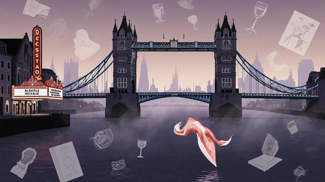 Ein silberner Schal schwebt über der Themse bei Nacht, umgeben von schemenhaften Symbolen der Kultur und Stille.