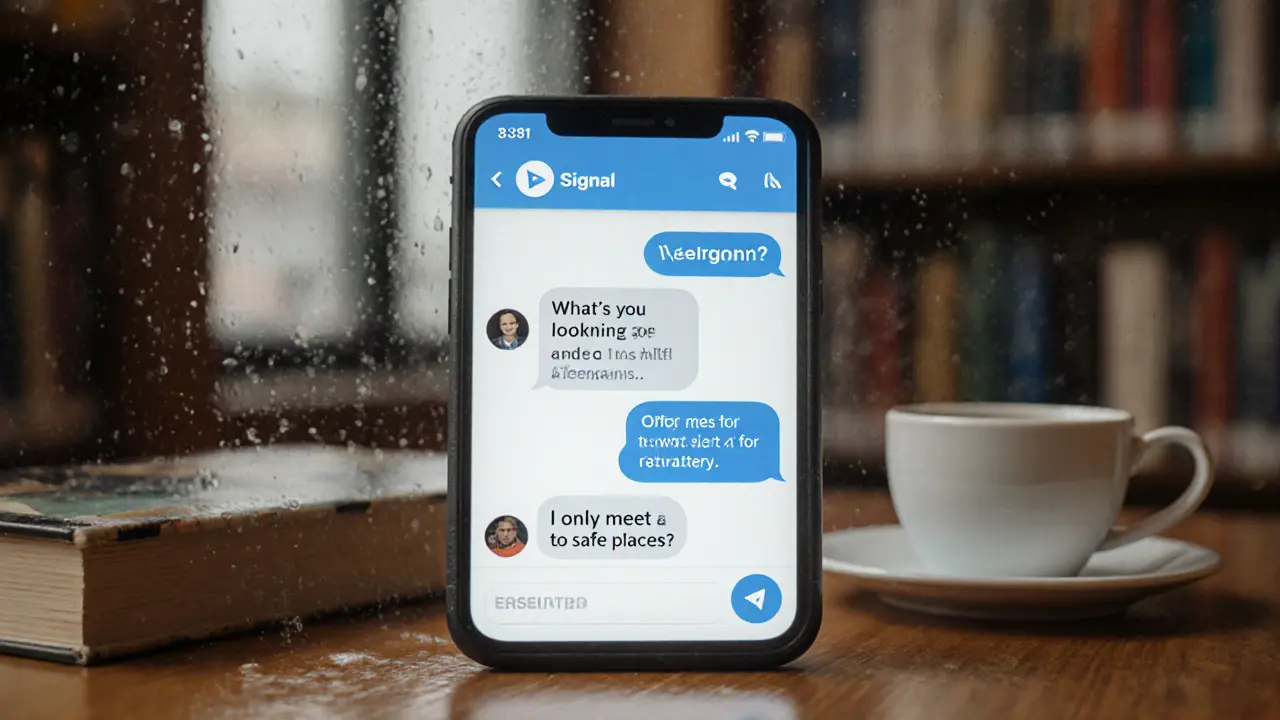 Ein Smartphone auf einem Tisch in einer Bibliothek mit verschlüsselten Nachrichten auf dem Bildschirm.