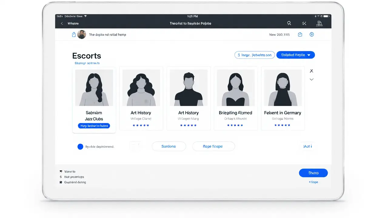 Ein Tablet zeigt diskrete Profile von Begleitern mit Interessen wie Kunst, Sprachen und Musik, minimalistisches Design.
