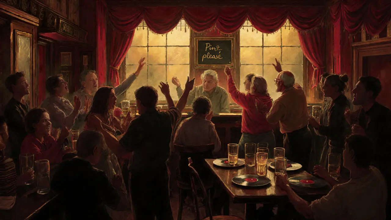 Ein überfüllter Pub in Soho mit Menschen, die bei Vinyl-Musik mitsingen, goldene Lichter und leere Biergläser.