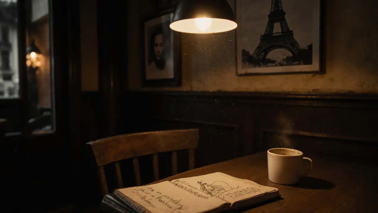 Ein verlassenes Café in Montmartre mit einem geöffneten Notizbuch und einem alten Foto von Picasso an der Wand.