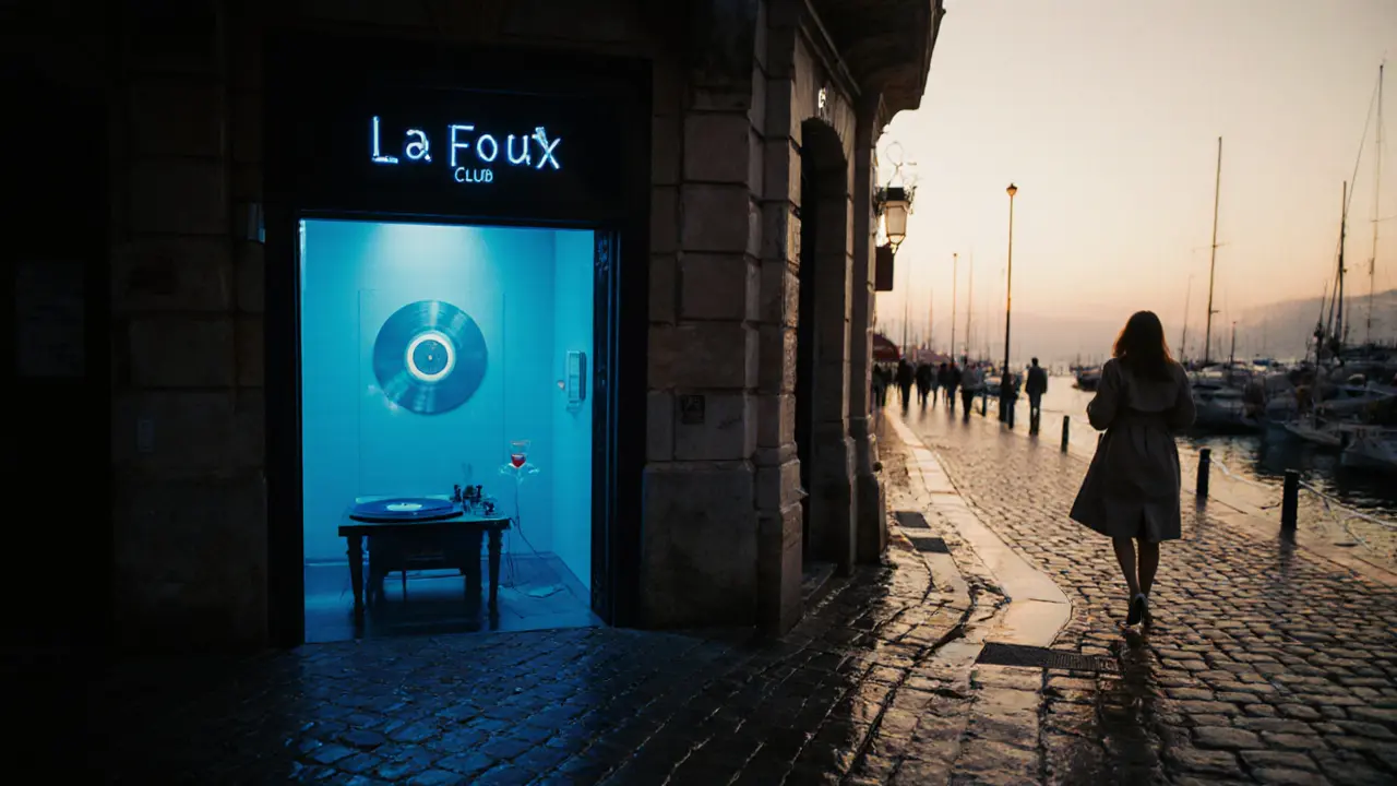 Ein versteckter Club am Hafen am Morgen, Vinyl-Schallplatte, leere Straße, nur eine Frau mit Glas.