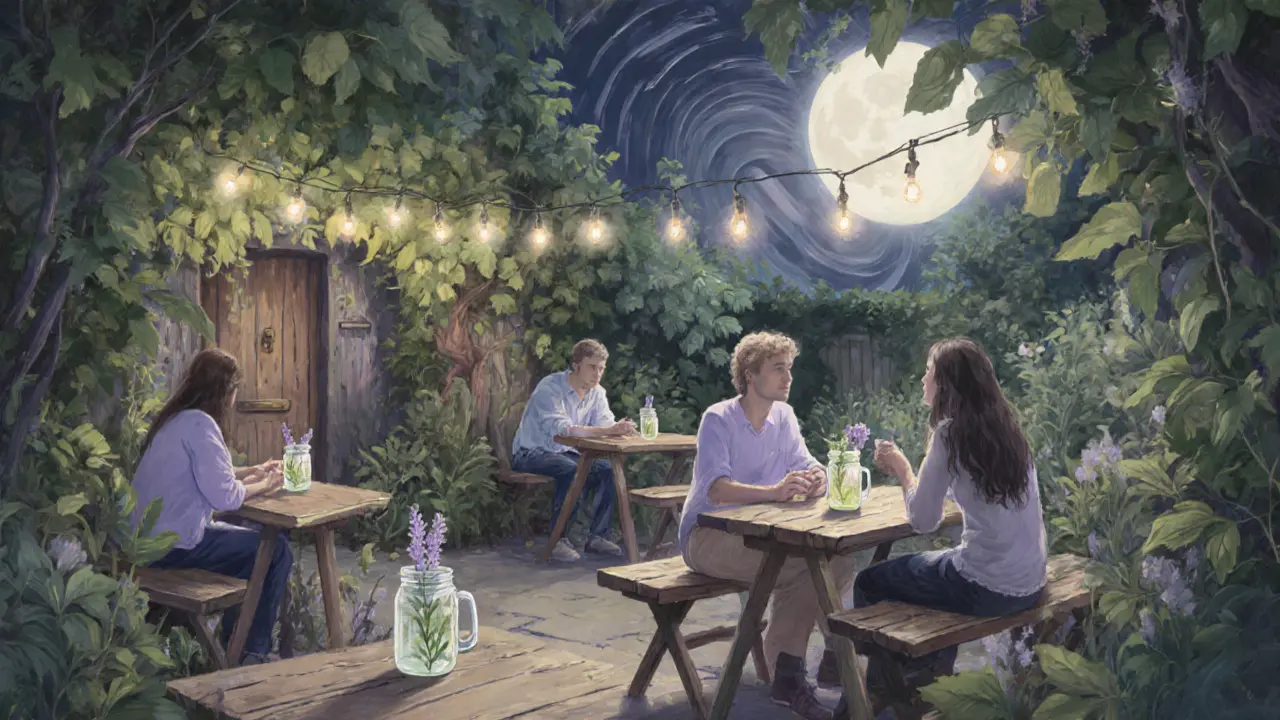 Ein versteckter Nachtgarten mit Lichterketten und Gesprächen ohne Handys.