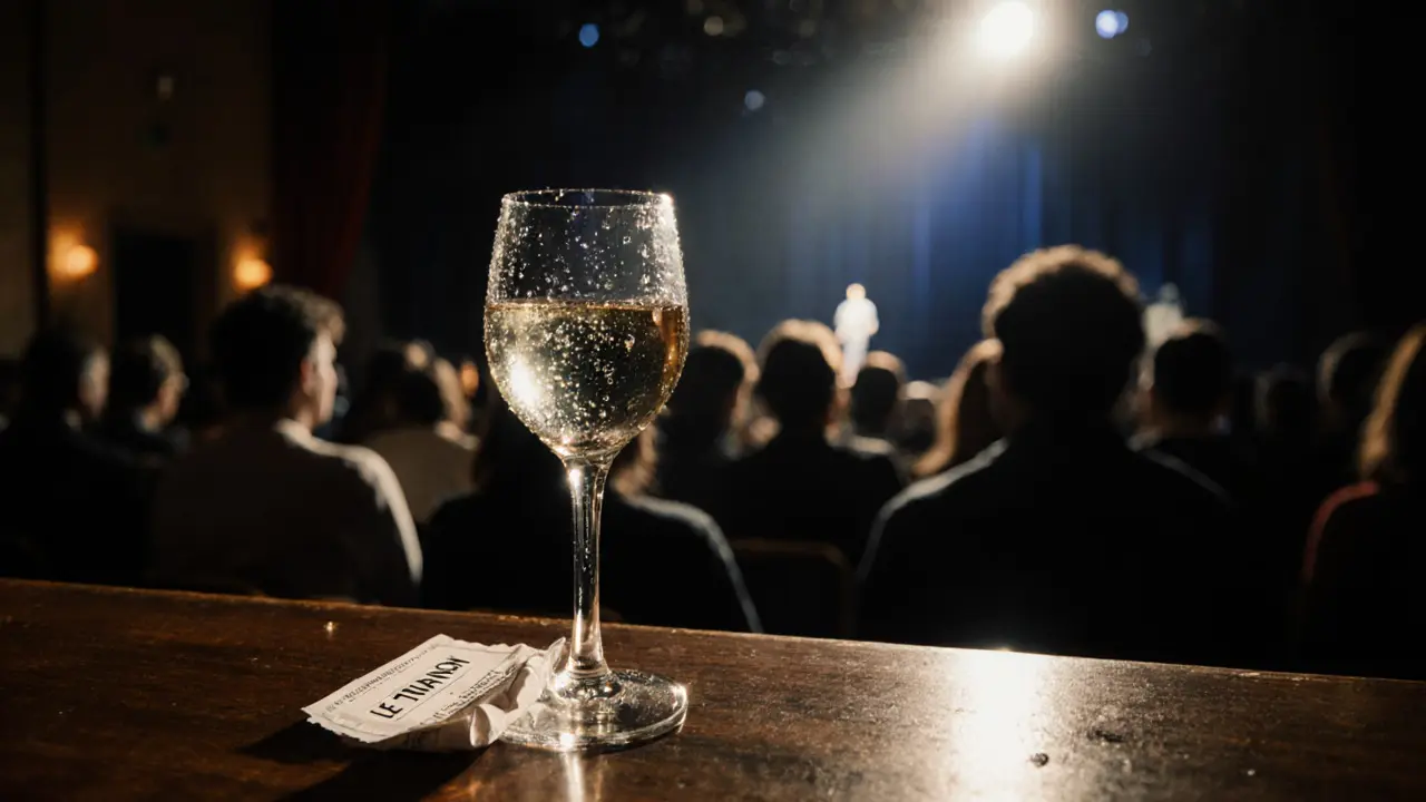 Ein Weinglas auf der Bar mit reflektiertem Licht der Bühne, dahinter schattenhafte Zuschauer in einem großen Theater.