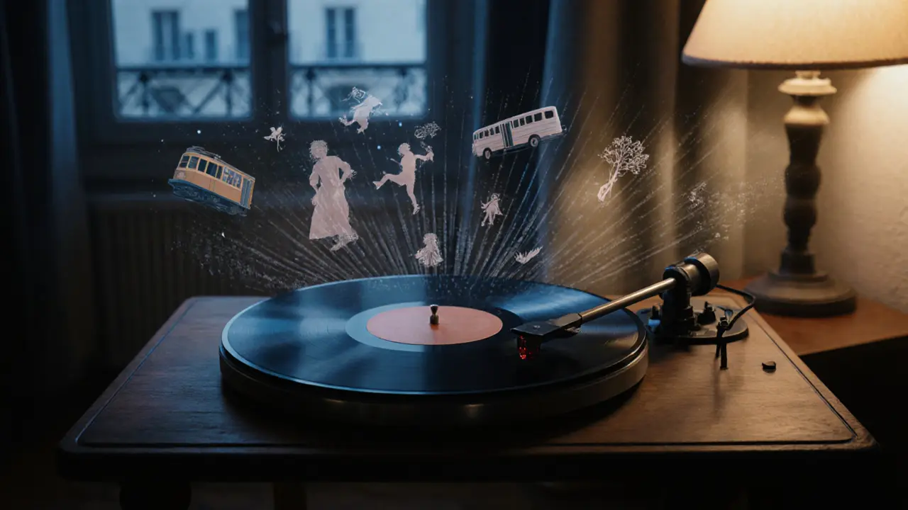 Eine alte Vinyl-Platte dreht sich, umgeben von unsichtbaren Klangwellen, die Paris-Geräusche symbolisieren.