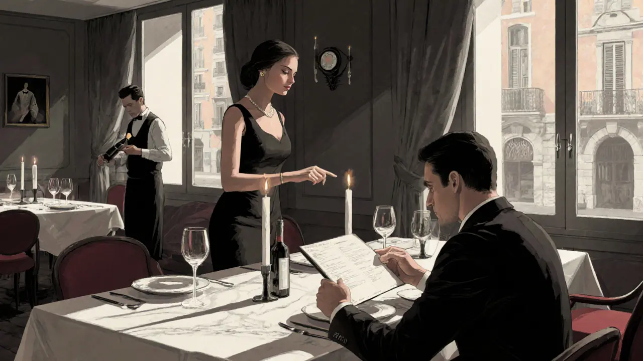 Eine elegante Frau berät einen Gast über Weine in einem luxuriösen Mailänder Restaurant.