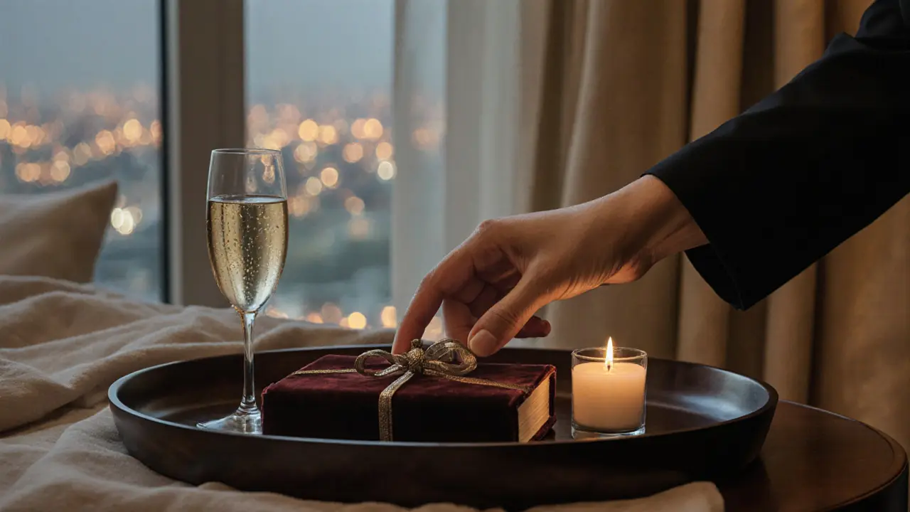 Eine elegante Hand legt ein kleines Geschenk auf ein Tablett mit Champagner.