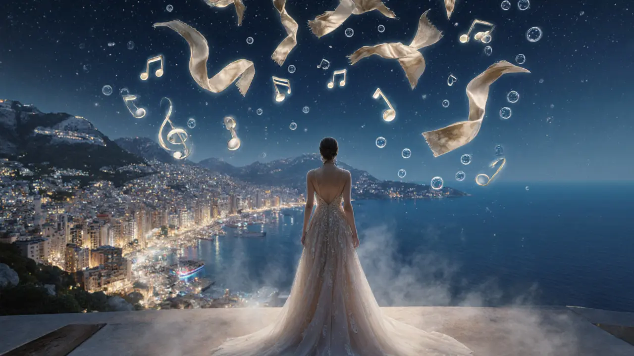 Eine Frau auf der Terrasse von La Terrasse blickt auf das Mittelmeer, während die Nacht in musikalische Elemente und Luftbläschen auflöst.