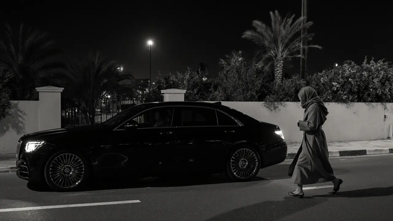 Eine Frau betritt still ein schwarzes Luxusauto bei Nacht, während der Fahrer im Schatten bleibt.