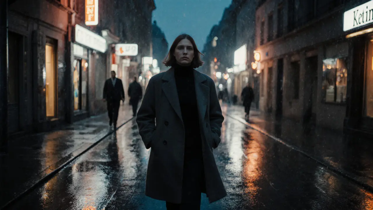 Eine Frau geht allein durch eine regennasse Berliner Straße bei Nacht, reflektierende Lichter und düstere, cineastische Atmosphäre.