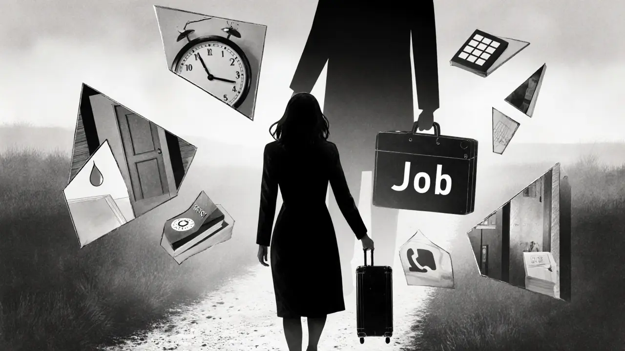 Eine Frau geht davon, während Schatten und Spiegelbilder ihrer Vergangenheit hinter ihr verschwinden, Morgenlicht erhellt ihren Weg.