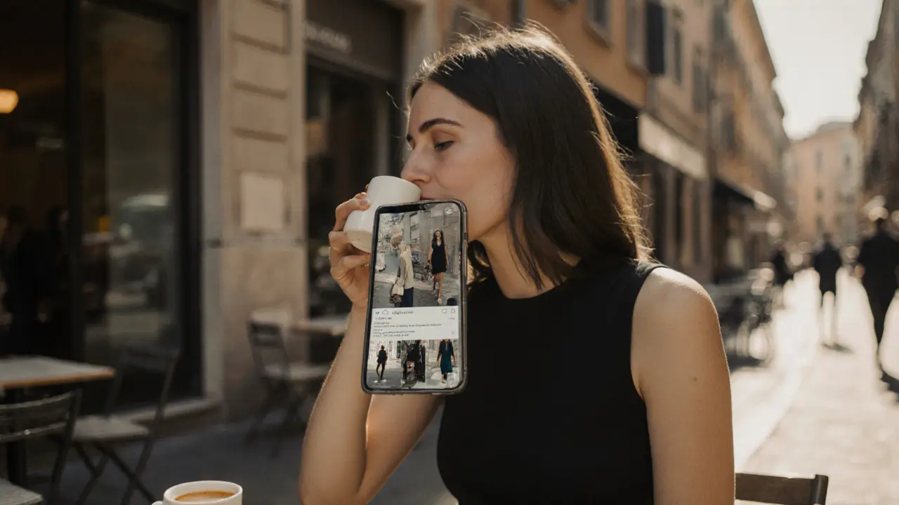 Eine Frau sitzt in einem Café in Navigli, ruhig und professionell, mit einem unaufdringlichen Instagram-Profil auf dem Handy.