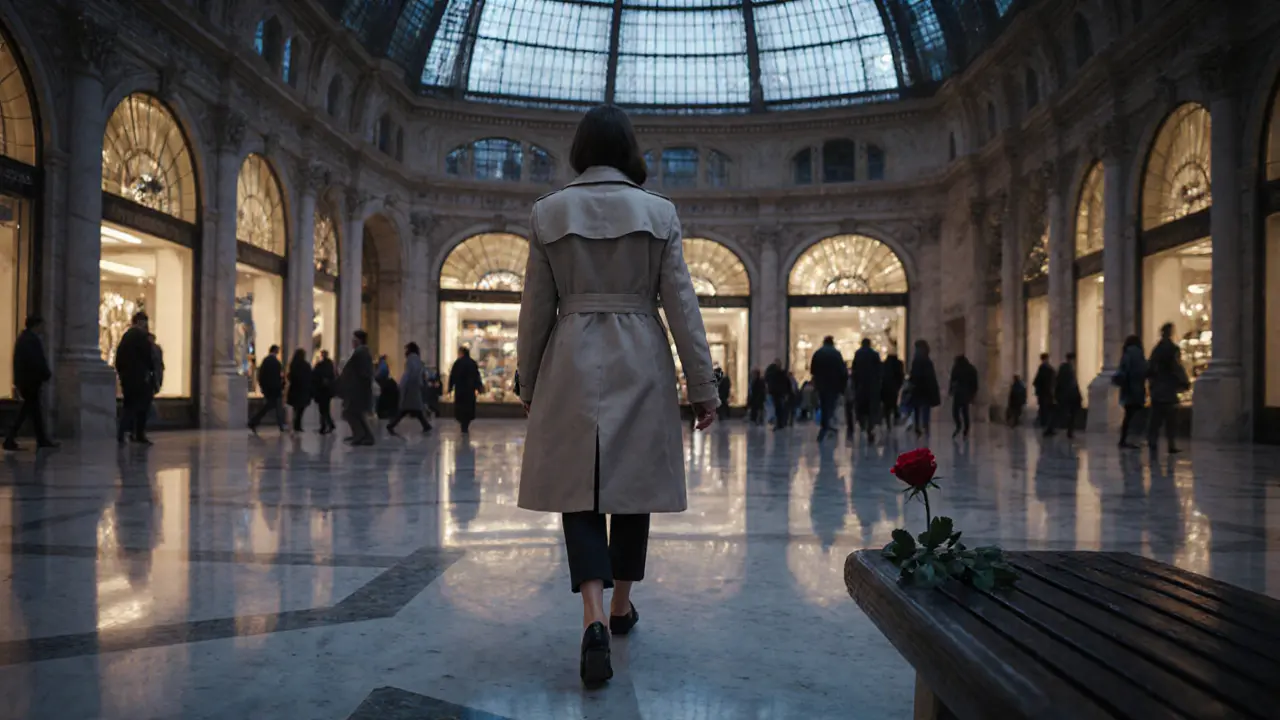 Eine Frau spaziert durch die Galleria Vittorio Emanuele II bei Dämmerung, symbolisch und diskret.