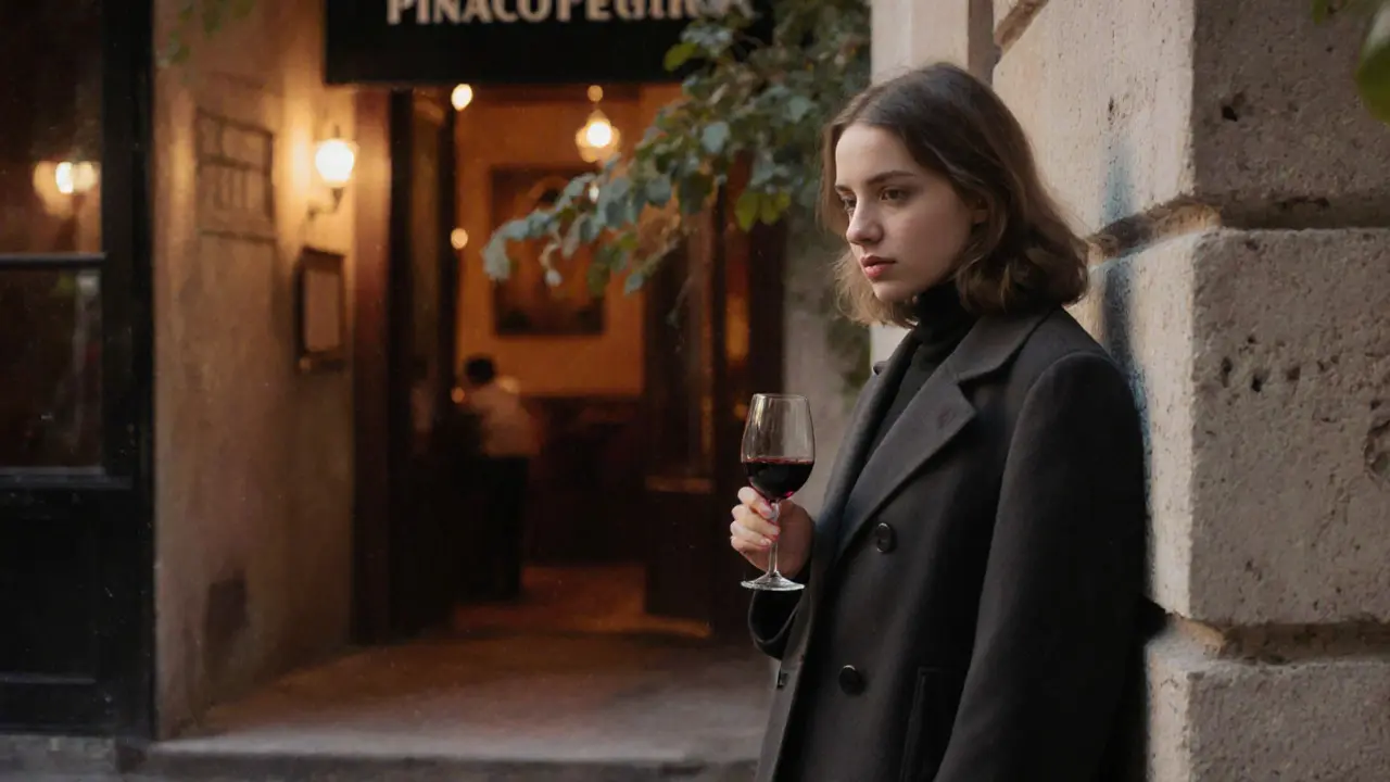 Eine Frau steht in Brera bei Dämmerung, ein Weinglas in der Hand, warmes Licht aus einer Bar.