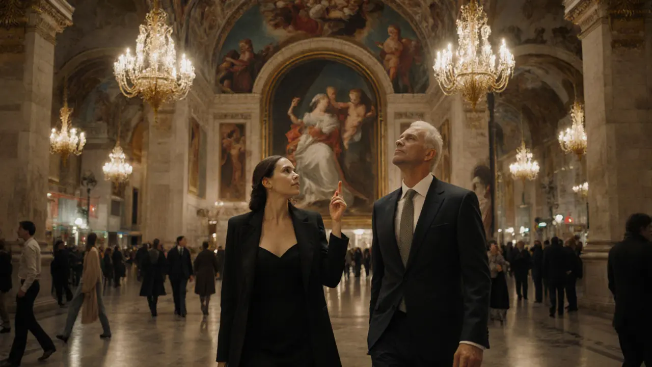 Eine Frau und ein Mann betrachten eine Freske in der Galleria Vittorio Emanuele, umgeben von historischer Architektur.
