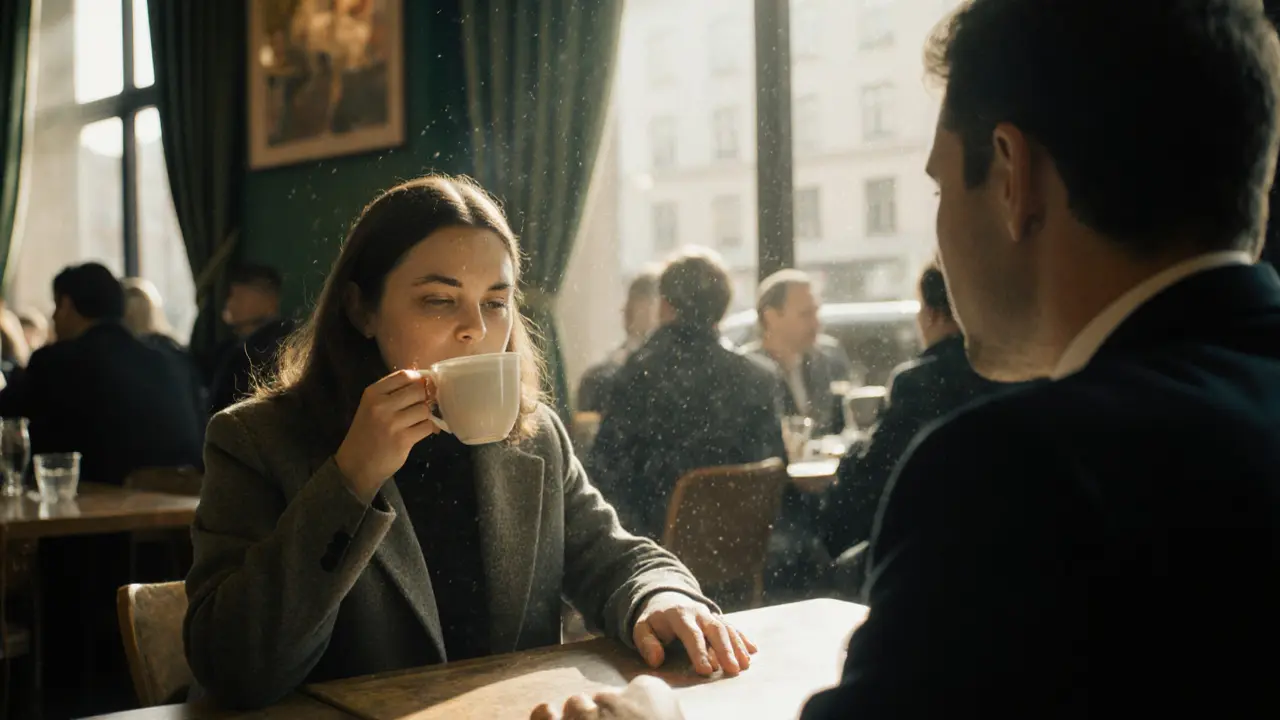 Eine Frau und ein Mann in einem Berliner Café, in stiller, intensiver Konversation, umgeben von verschwommenen Hintergrundgestalten.