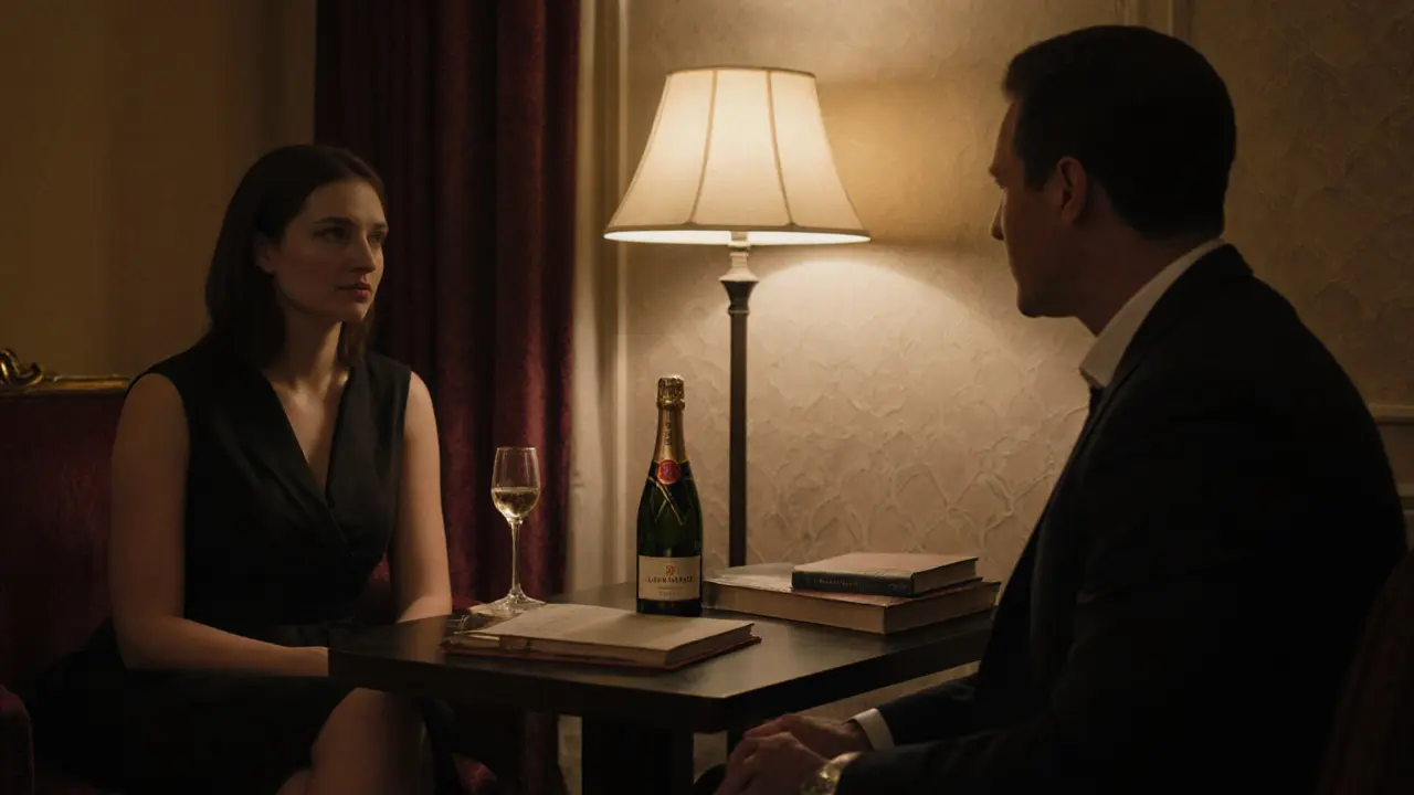 Eine Frau und ein Mann sitzen in einem luxuriösen Hotelzimmer und führen ein tiefes Gespräch bei gemütlichem Licht.