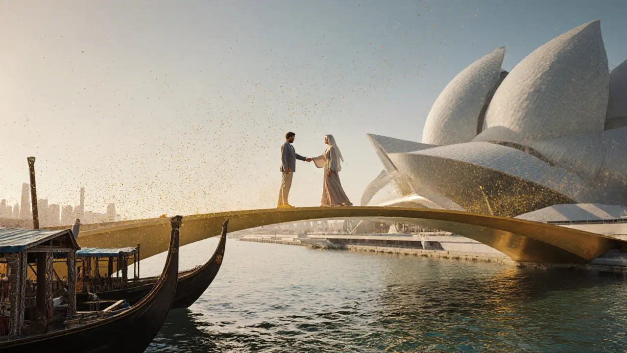 Eine goldene Brücke verbindet traditionelle Dhow-Boote mit dem Museum der Zukunft, eine Frau steht darin.