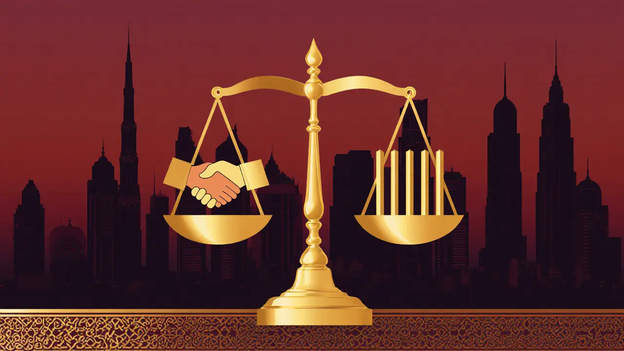 Eine goldene Waage, die Höflichkeit und rechtliche Konsequenzen in Abu Dhabi symbolisiert.