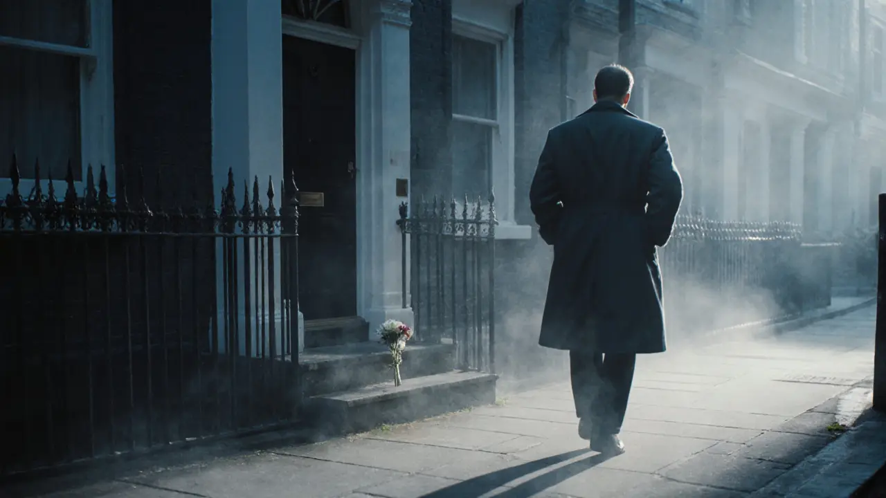 Eine Person geht bei dawn davon, eine Blume liegt auf der Schwelle — ein stiller Abschied mit Würde.