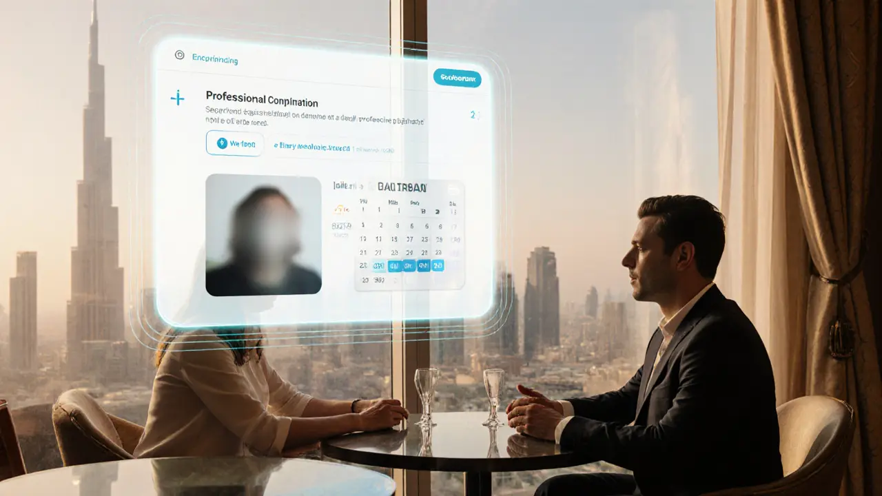 Eine sichere Online-Buchungsseite schwebt über einer Hotellobby, wo sich zwei Menschen höflich in einem Café treffen, anonym und respektvoll.