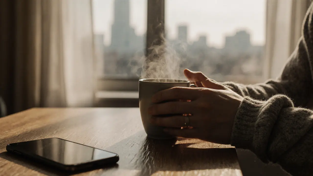 Eine Tasse Tee dampft neben einem abgelegten Handy — eine Pause, ein Moment der Gegenwart.