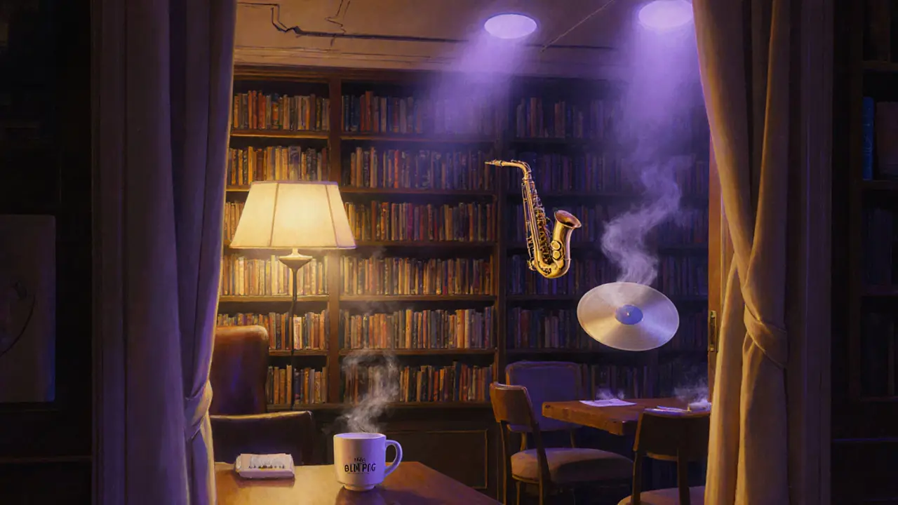 Eine versteckte Jazz-Bar hinter einer Bibliothekstür, mit sanftem Licht, dampfenden Getränken und schwebender Musik.