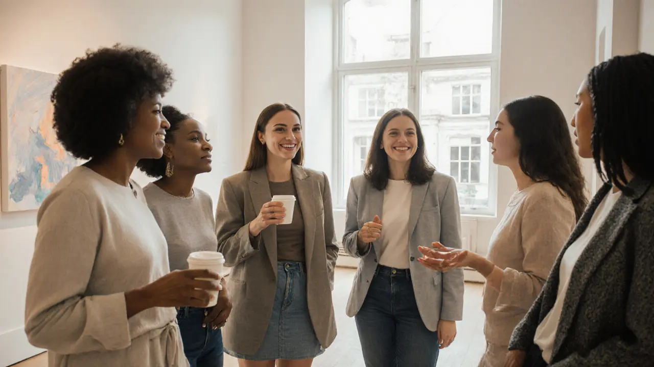 Eine vielfältige Gruppe von Frauen in einem modernen Londoner Kunstgalerie, die sich natürlich und respektvoll unterhalten.