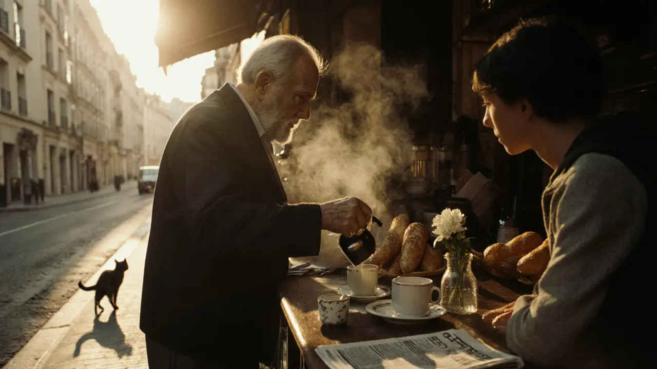 Elderly baker serving espresso at a Parisian bakery at dawn, steam rising from fresh bread.