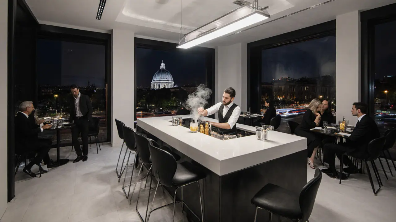 Elegante Lounge am Corso Como mit Barkeeper, Skyline und minimalistischem Design.