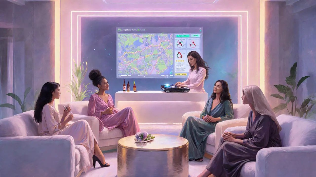 Exklusiver Frauenraum in einem Luxushotel mit weiblicher DJ und digitaler Event-Übersicht.