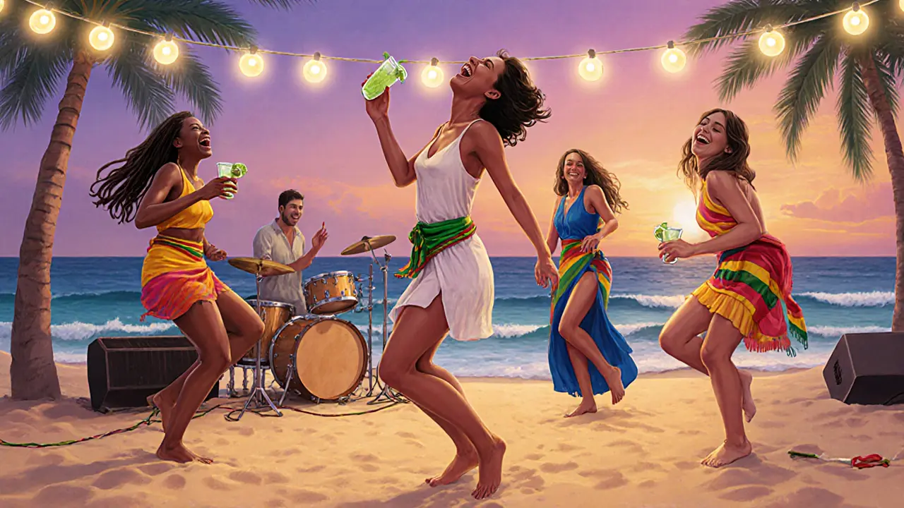 Frauen tanzen barfuß am Strand in Abu Dhabi unter Lichterketten mit Mojitos und Reggae-Musik.