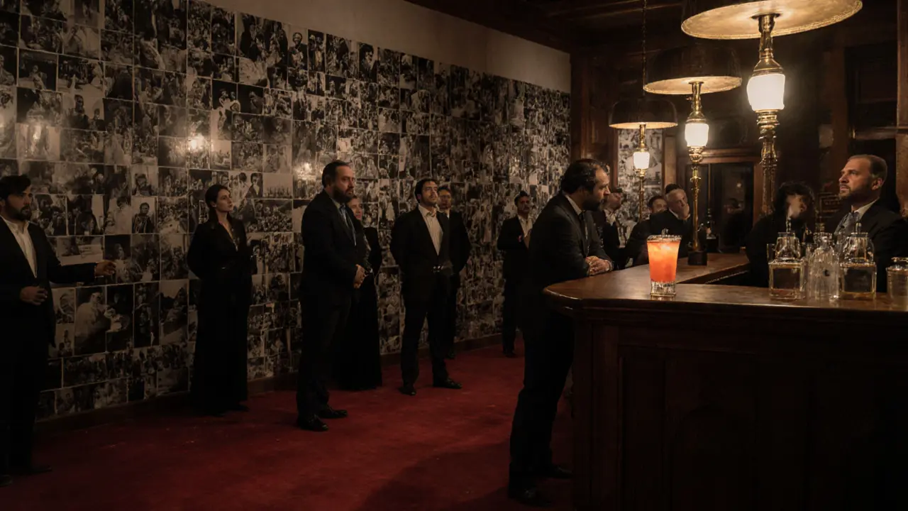 Historisches Clublokal mit Fotowand und Live-Musik, gedämpftes Licht und Stille.