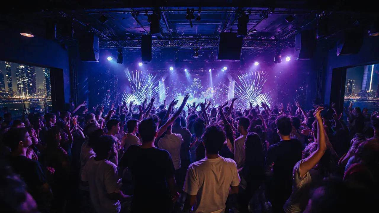 Intensive Lichtshow im Club Zero Gravity mit tanzender Menge und pulsierender Musikatmosphäre.