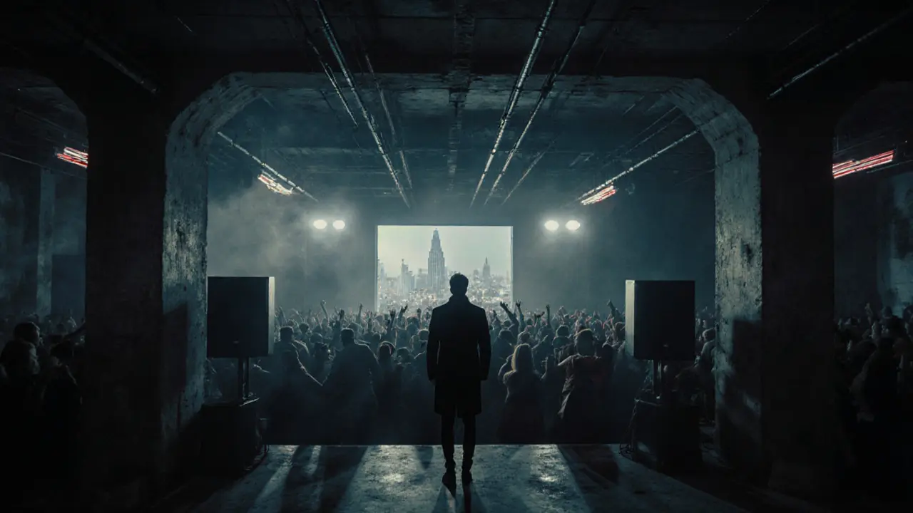 Intensive Tanzszene im industrialen Club Magazzini Generali mit Neonlichtern und tanzenden Menschen.