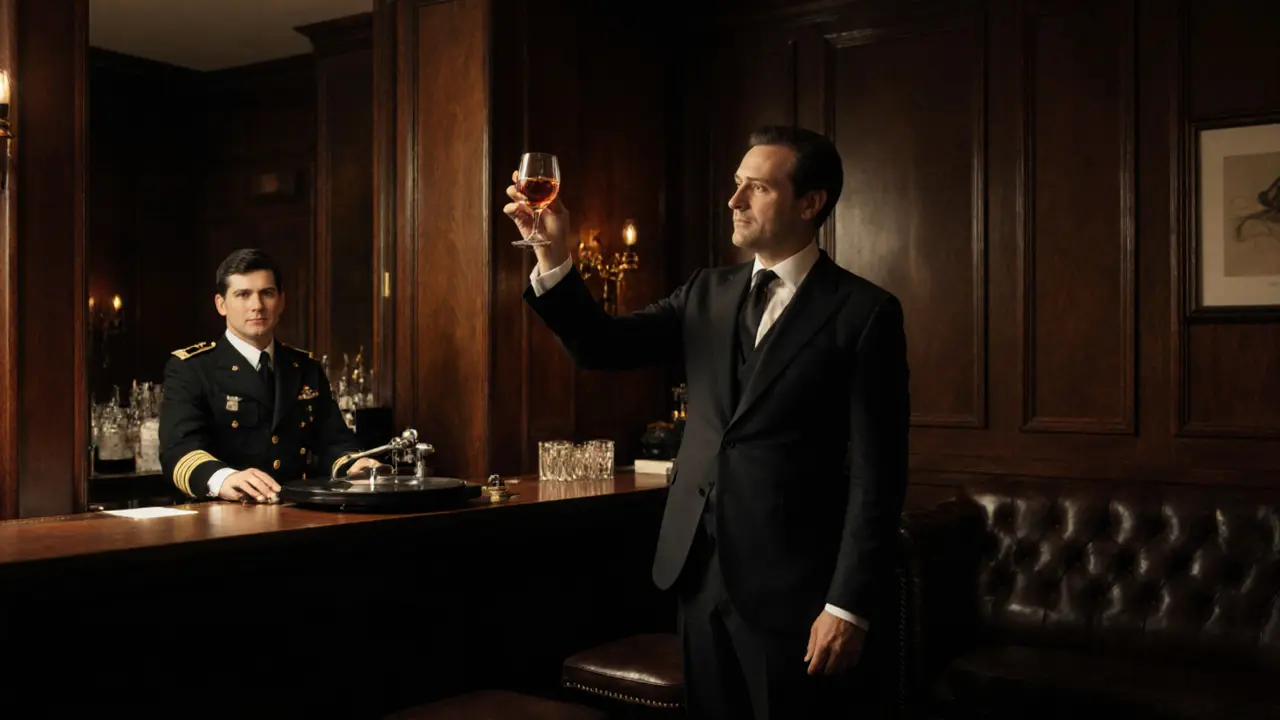 Intime britische Bar in The Ritz-Carlton mit Ledersofas, Holzverkleidungen und einem Whiskyglas.