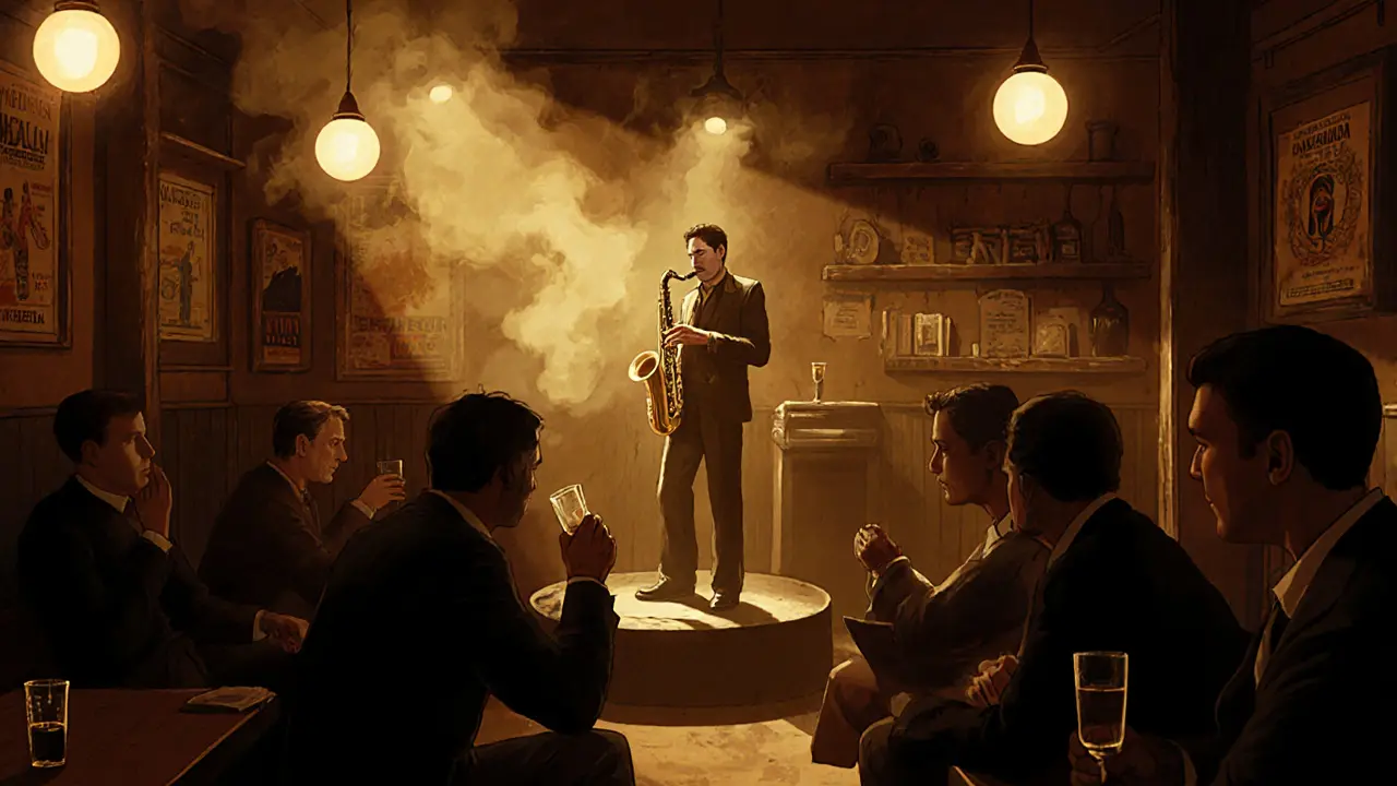 Intimer Jazzklub in Kadıköy mit Musiker, Rauch und warmem Licht, Zuschauer in gedämpfter Atmosphäre.