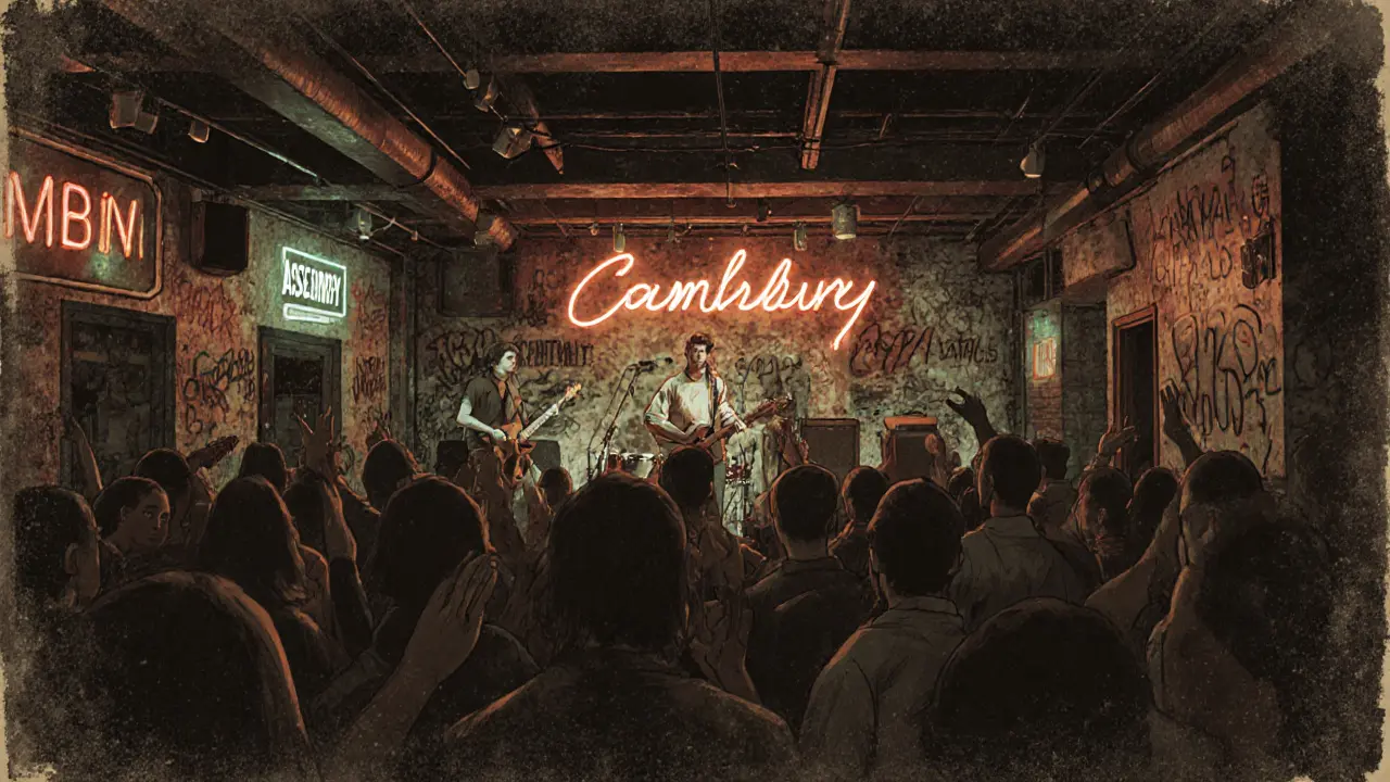 Intimes Indie-Konzert in einem kleinen Club mit niedriger Decke und energiegeladener Menge.