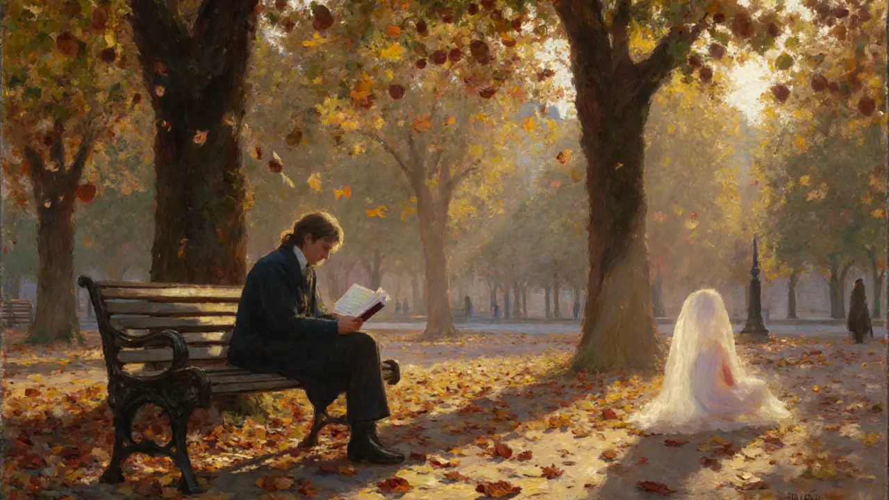 Jemand sitzt ruhig auf einer Bank im Jardin du Luxembourg, eine unsichtbare Begleitung ist sanft präsent.