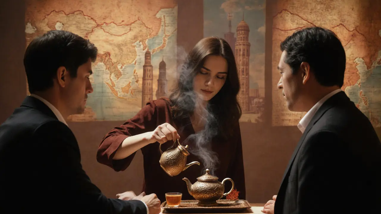 Julia serviert traditionellen arabischen Tee in Al Fahidi, während ein Investor aufmerksam zuhört.