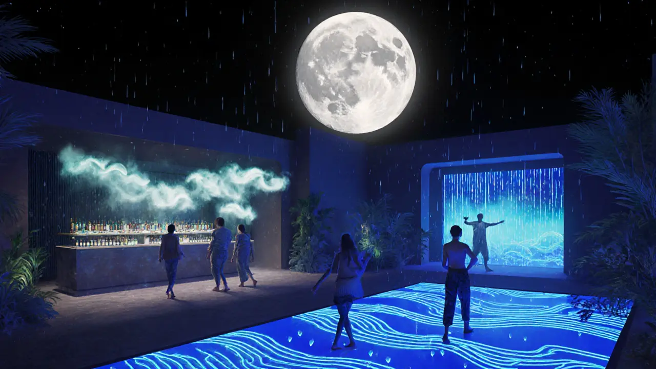 Kismet Club unter Vollmond: Lichtinstallationen, Duftbar und UV-beleuchtete Tanzfläche mit Naturgeräuschen.